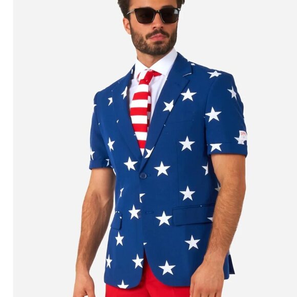 OpposuitsBlazer Adult  Blue White Stars Print Sport Coat Jacket us 42 - Picture 1 of 16